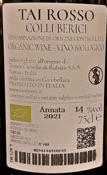 Tenuta Castello di Rubaro Tai Rosso Colli Berici DOC 2021 Biologico